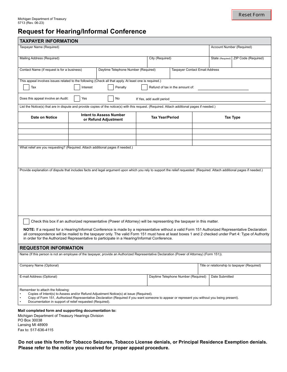 Form 5713 Request for Hearing / Informal Conference - Michigan, Page 1