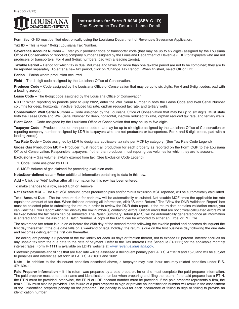 Download Instructions for Form R9036, SEV G1D Gas Severance Tax