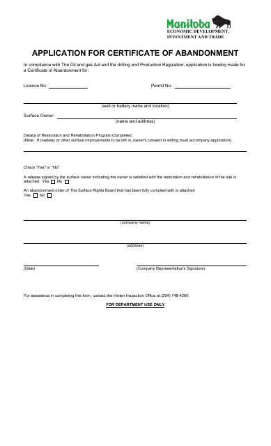Application for Certificate of Abandonment - Manitoba, Canada Download Pdf