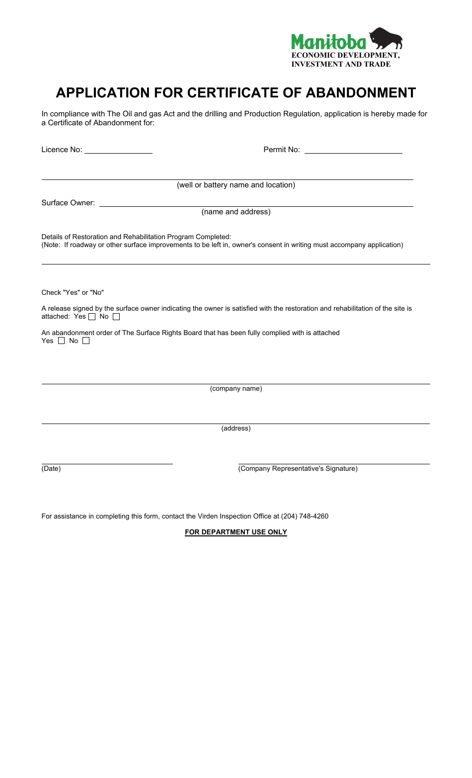 Application for Certificate of Abandonment - Manitoba, Canada, Page 1