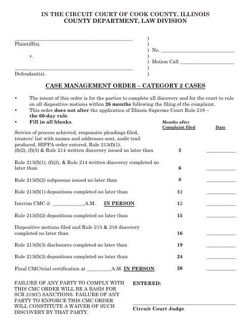 Case Management Order - Category 2 Cases - Cook County, Illinois Download Pdf
