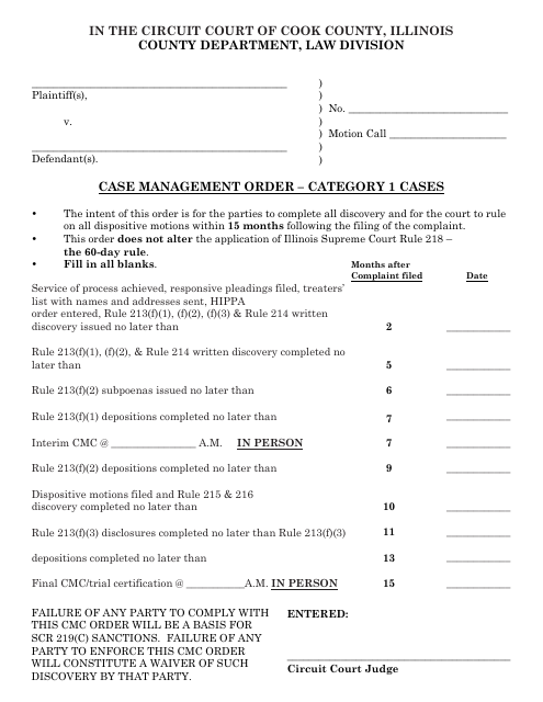 Case Management Order - Category 1 Cases - Cook County, Illinois Download Pdf