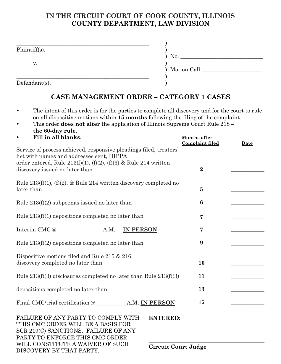 Cook County, Illinois Case Management Order Category 1 Cases Fill