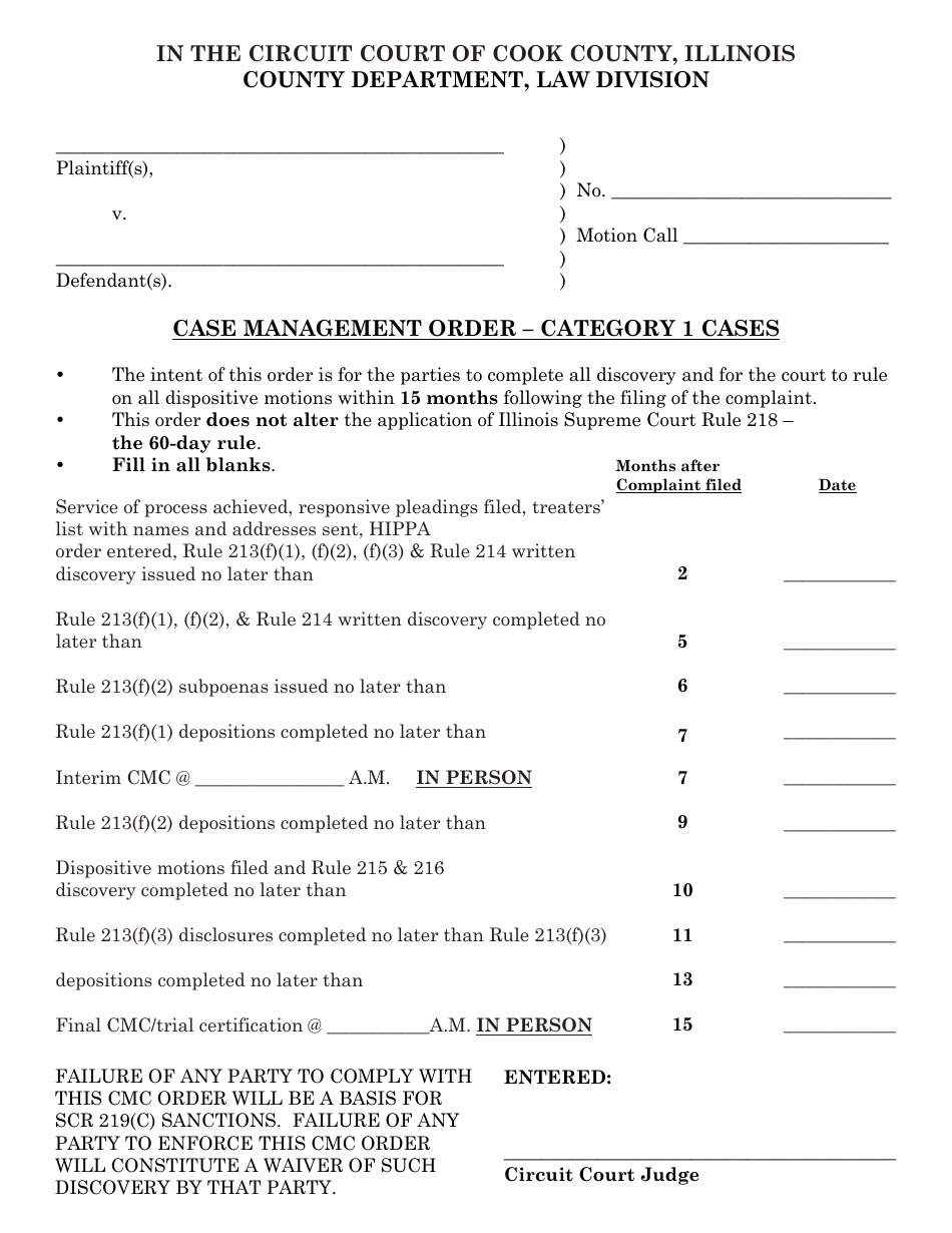 Case Management Order - Category 1 Cases - Cook County, Illinois, Page 1