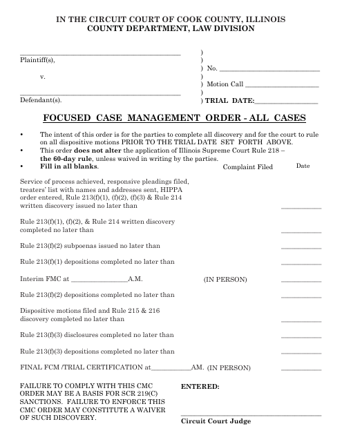Focused Case Management Order - All Cases - Cook County, Illinois
