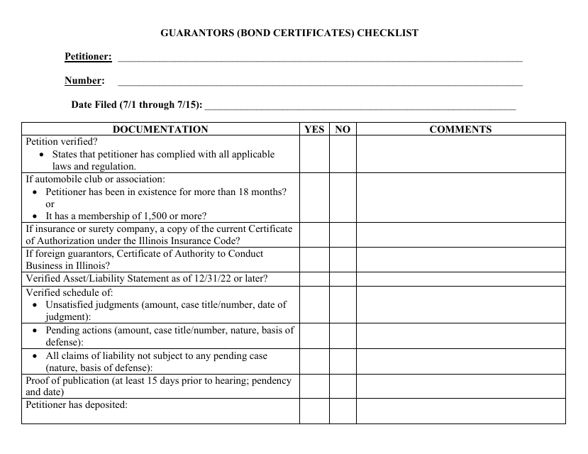 Guarantors (Bond Certificates) Checklist - Cook County, Illinois