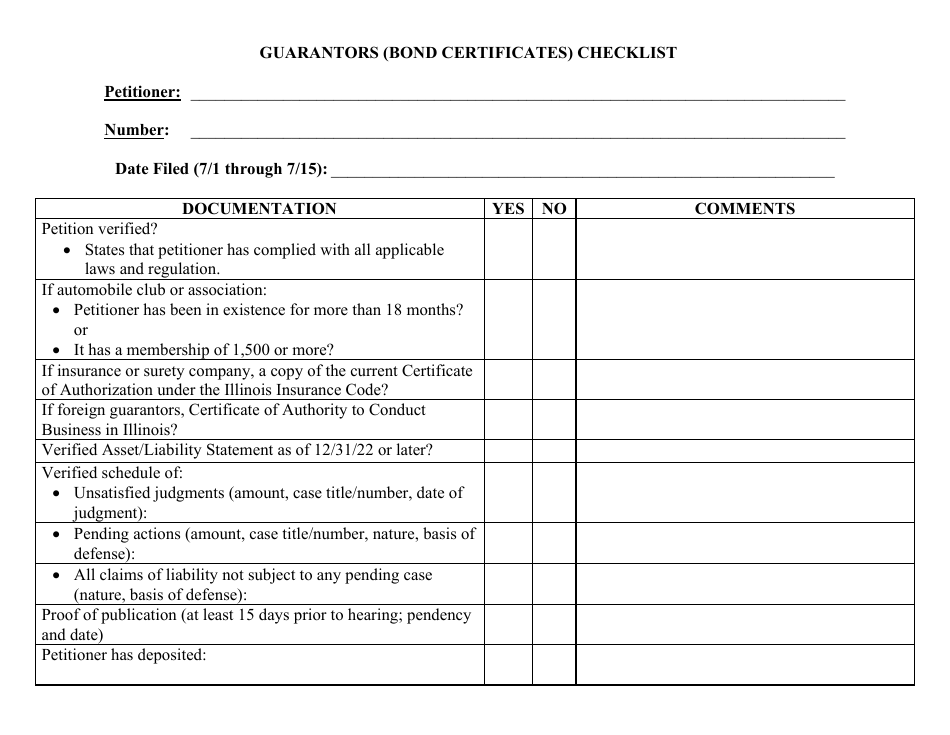 Guarantors (Bond Certificates) Checklist - Cook County, Illinois, Page 1