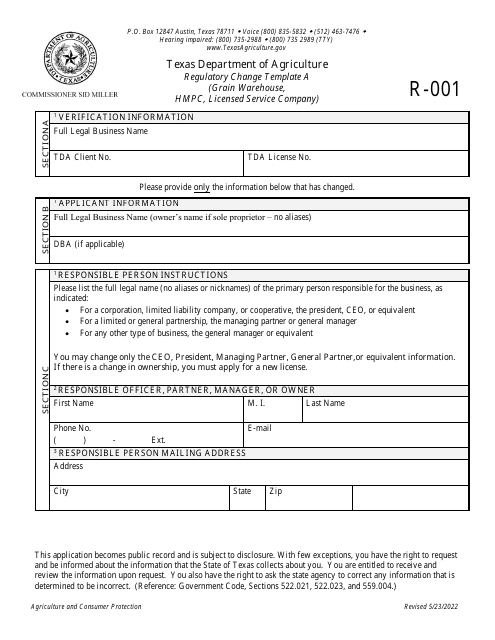 Form R-001 Regulatory Change Template a (Grain Warehouse, Hmpc, Licensed Service Company) - Texas
