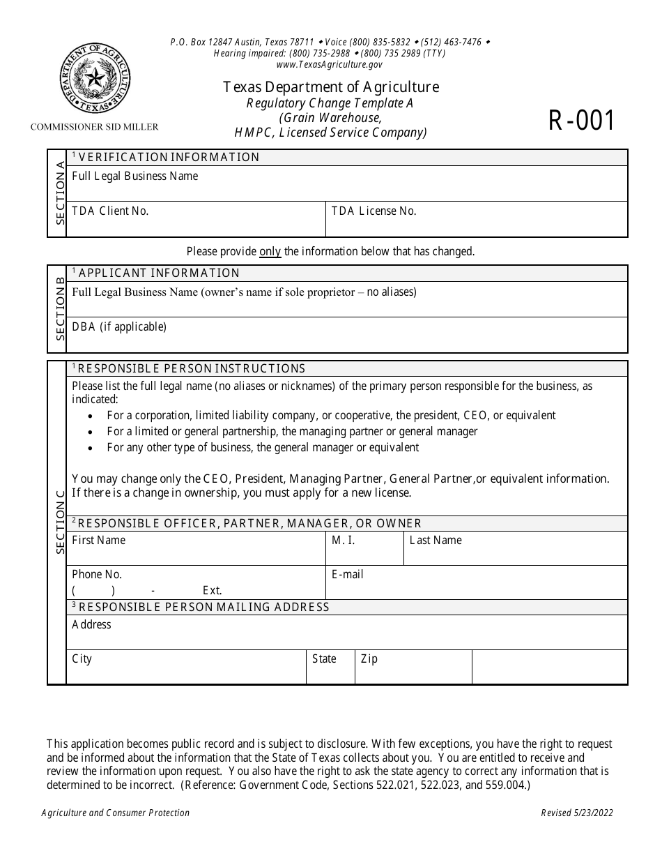 Form R-001 Regulatory Change Template a (Grain Warehouse, Hmpc, Licensed Service Company) - Texas, Page 1