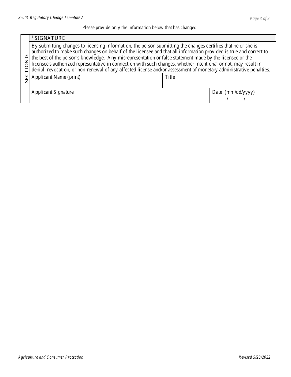 Form R-001 Regulatory Change Template a (Grain Warehouse, Hmpc, Licensed Service Company) - Texas, Page 3