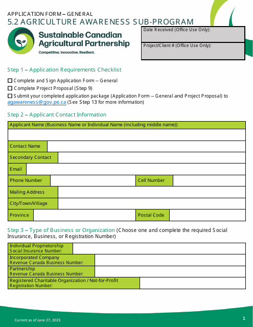 Application Form - Agriculture Awareness Sub-program - Prince Edward Island, Canada