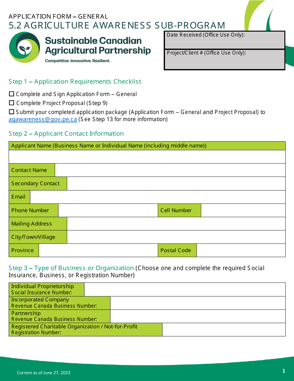Application Form - Agriculture Awareness Sub-program - Prince Edward Island, Canada, Page 1