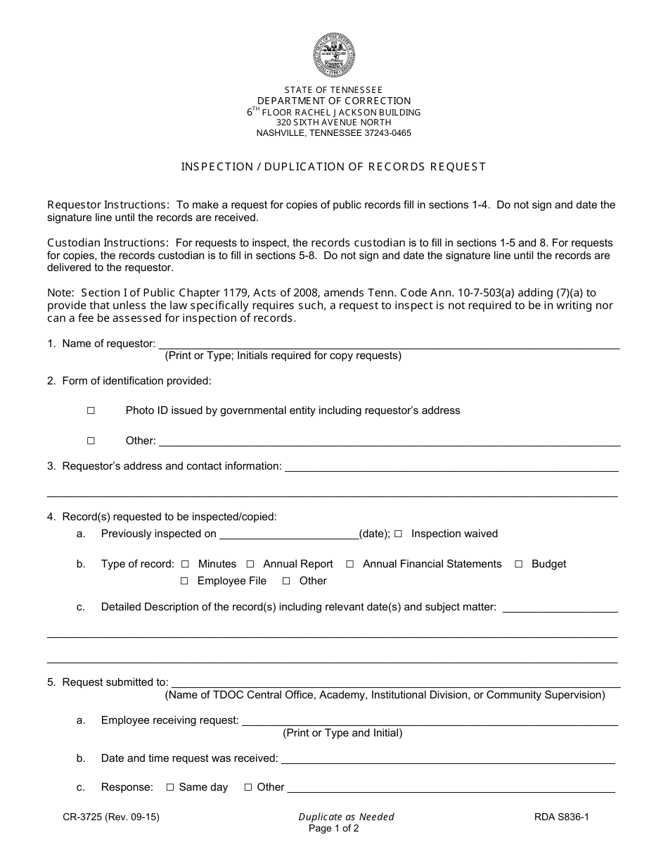 Form CR-3725 Inspection / Duplication of Records Request - Tennessee, Page 1