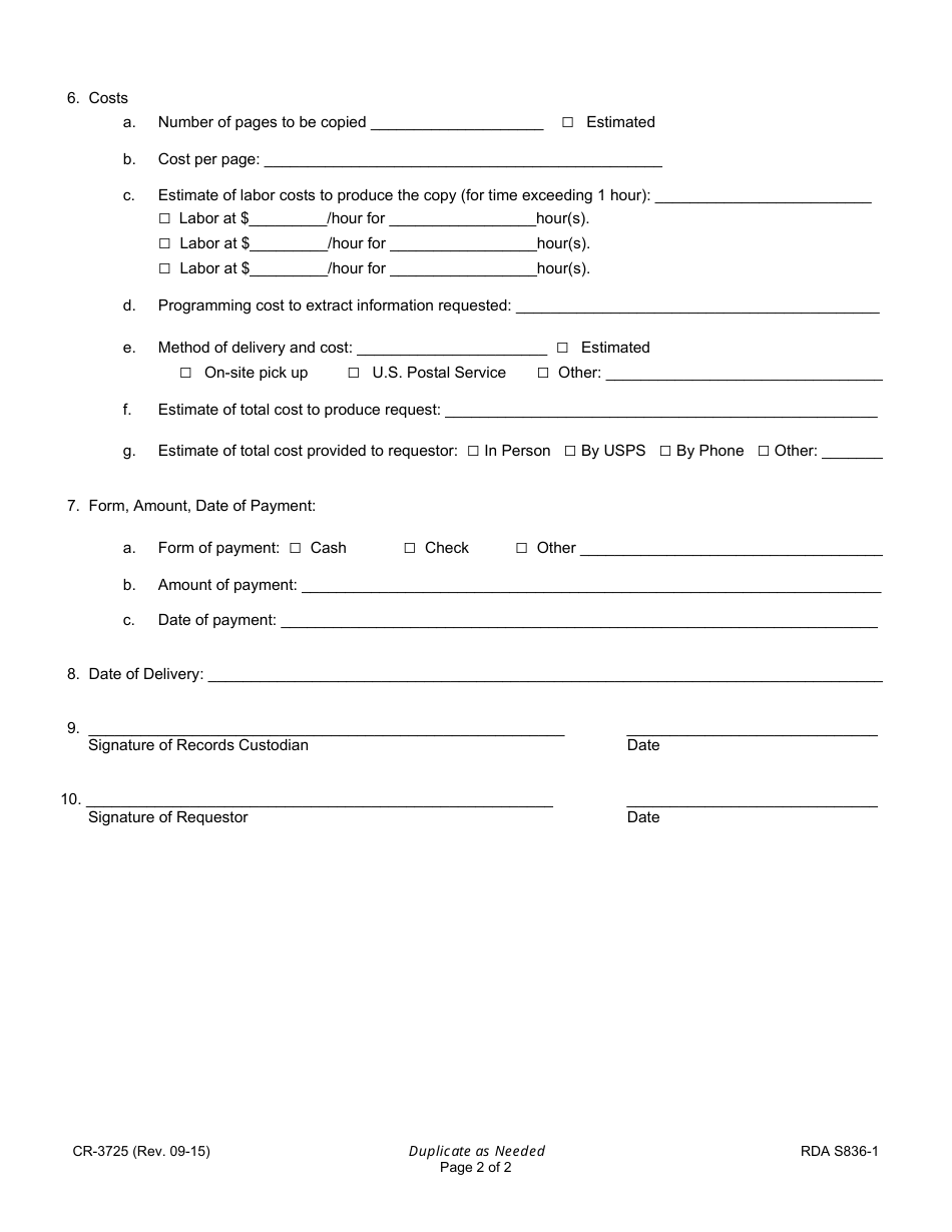 Form CR-3725 Inspection / Duplication of Records Request - Tennessee, Page 2