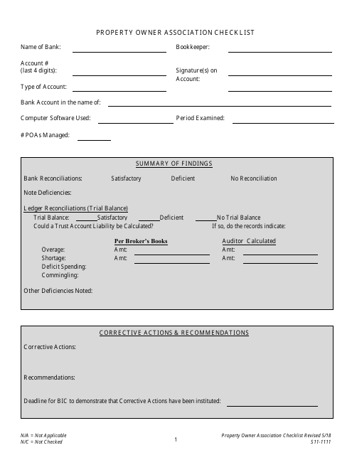 Form S11-1111 Property Owner Association Checklist - North Carolina