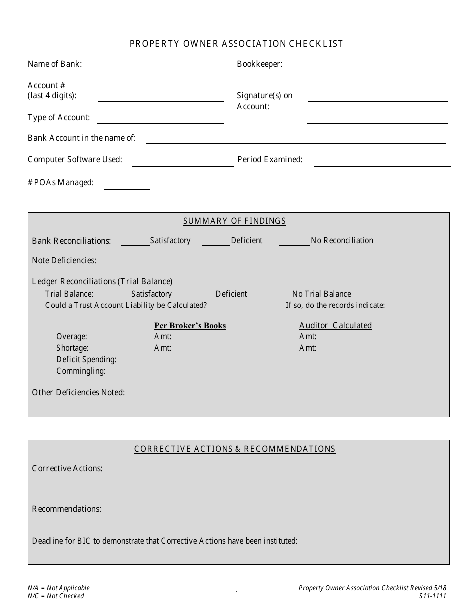 Form S11-1111 Property Owner Association Checklist - North Carolina, Page 1