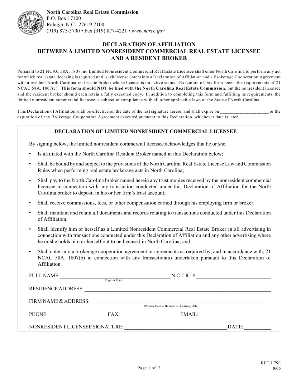 Form REC1.79 Declaration of Affiliation Between a Limited Nonresident Commercial Real Estate Licensee and a Resident Broker - North Carolina, Page 1