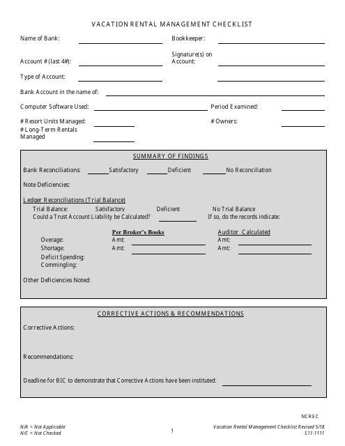 Form S11-1111 Vacation Rental Management Checklist - North Carolina