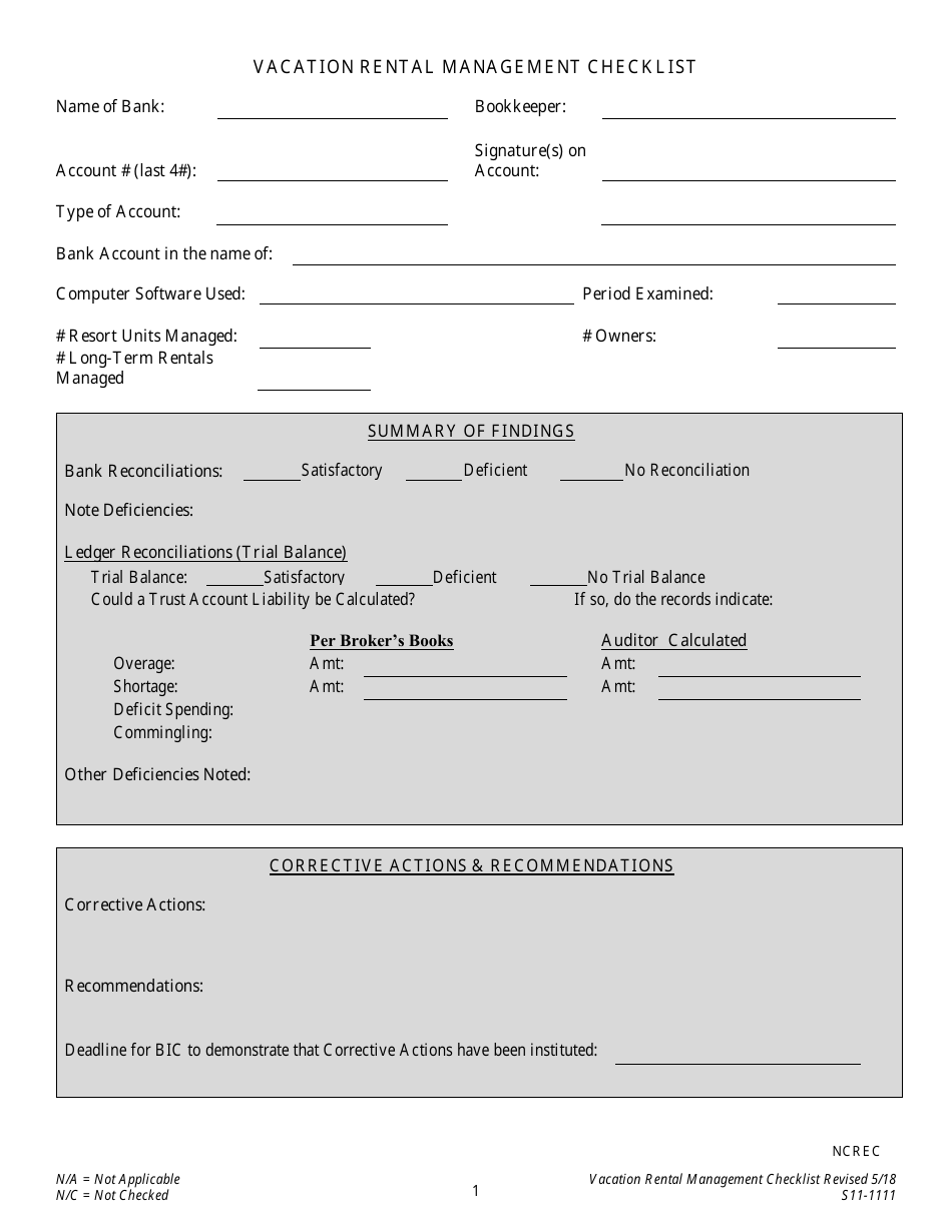 Form S11-1111 Vacation Rental Management Checklist - North Carolina, Page 1