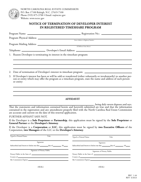 Form REC1.44 Notice of Termination of Developer Interest in Registered Timeshare Program - North Carolina