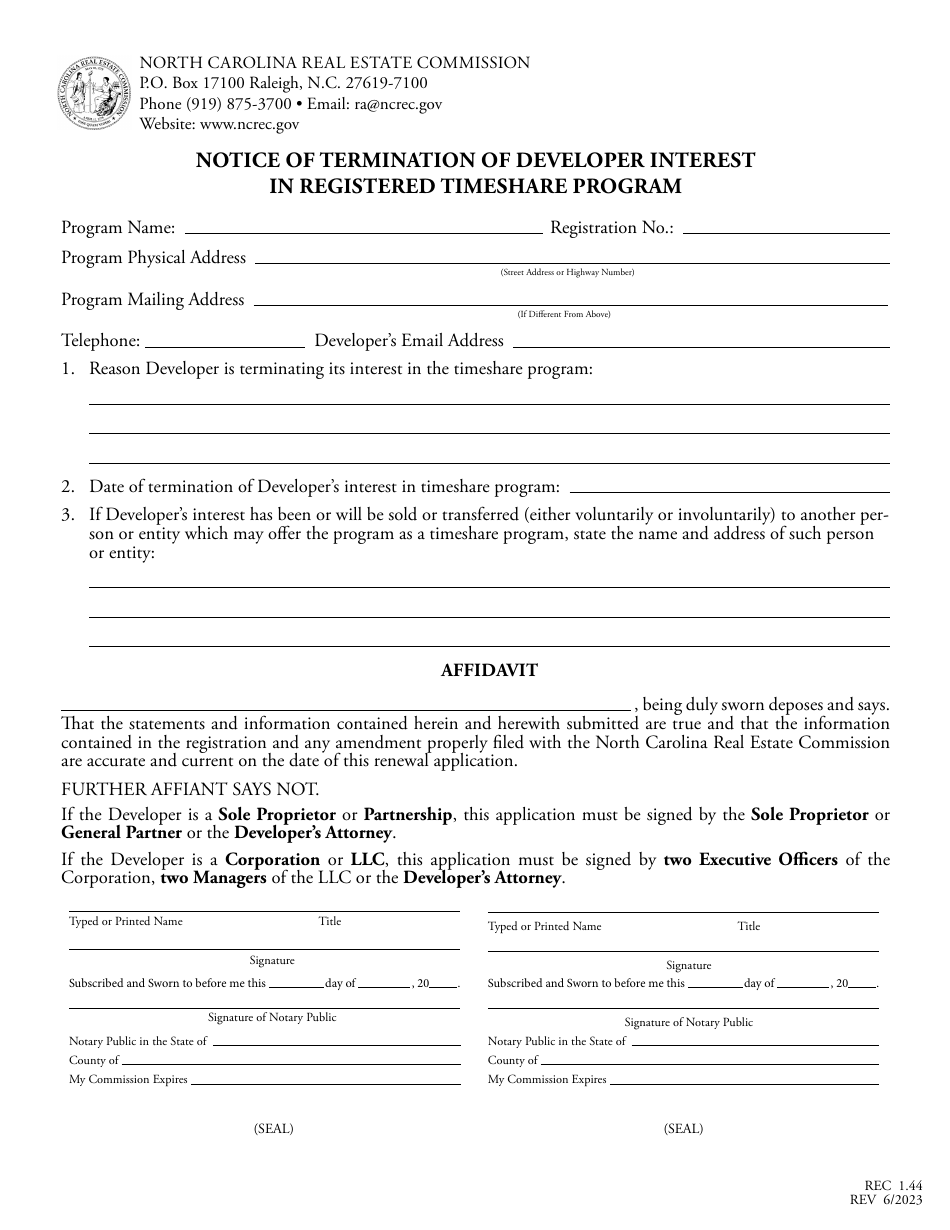 Form REC1.44 Notice of Termination of Developer Interest in Registered Timeshare Program - North Carolina, Page 1