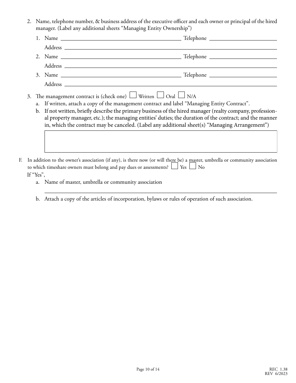 Form REC1.38 Application for Registration of Timeshare Program - North Carolina, Page 10