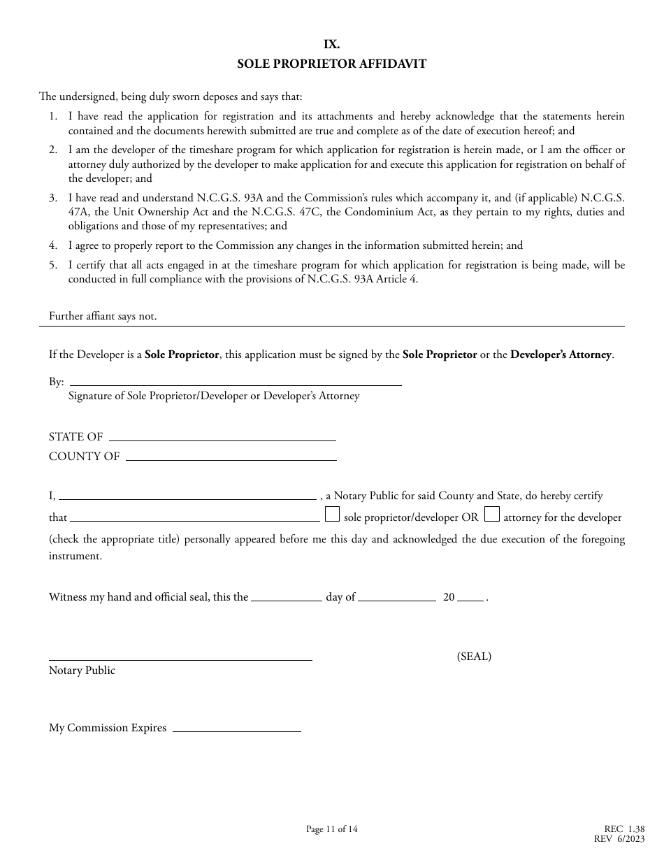 Form REC1.38 Application for Registration of Timeshare Program - North Carolina, Page 11