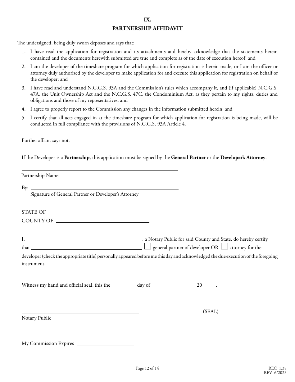 Form REC1.38 Application for Registration of Timeshare Program - North Carolina, Page 12