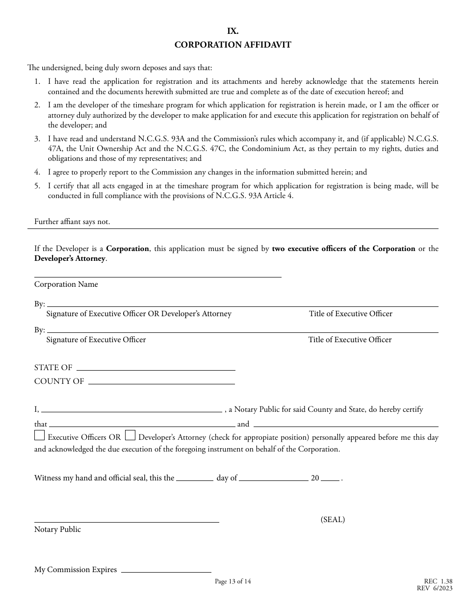 Form REC1.38 Application for Registration of Timeshare Program - North Carolina, Page 13