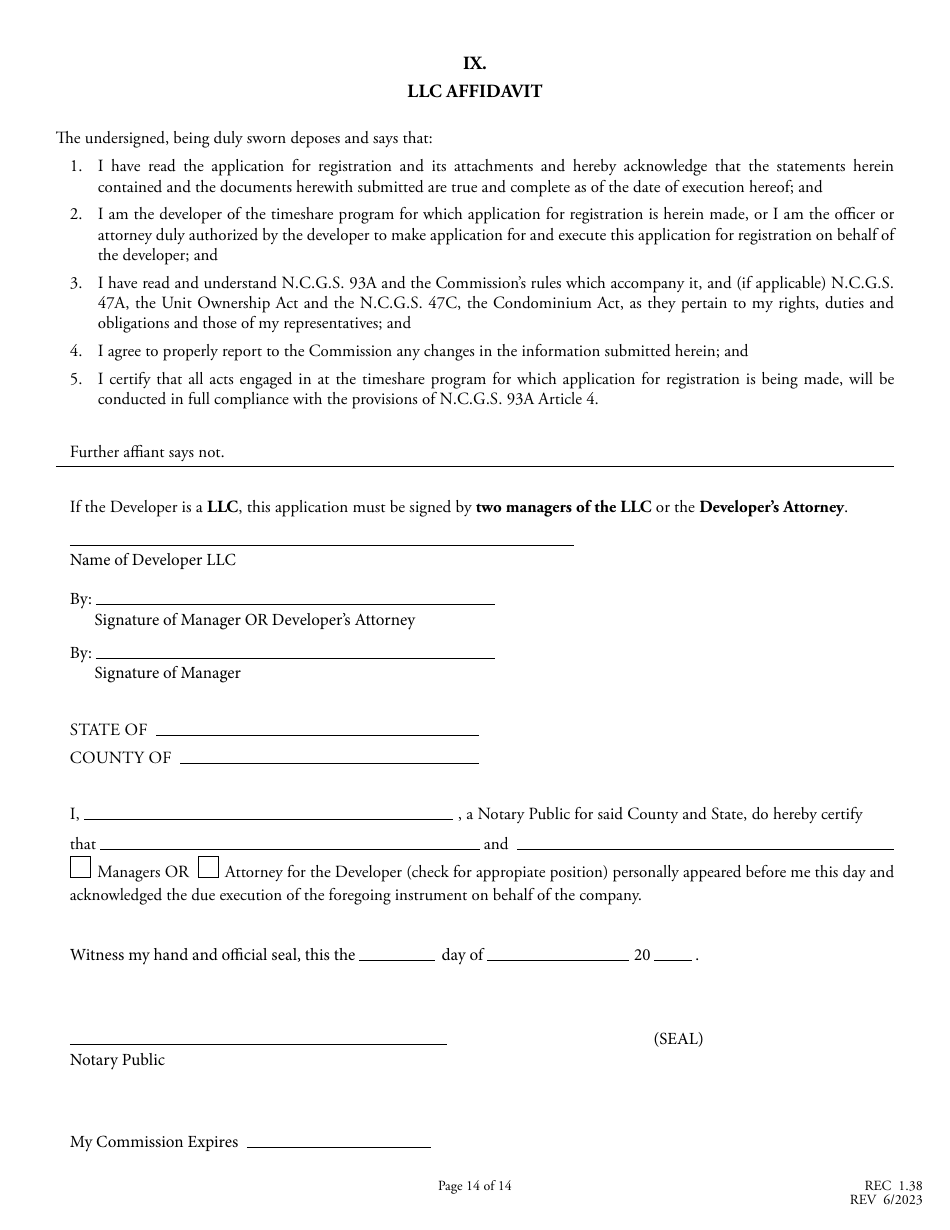 Form REC1.38 Application for Registration of Timeshare Program - North Carolina, Page 14