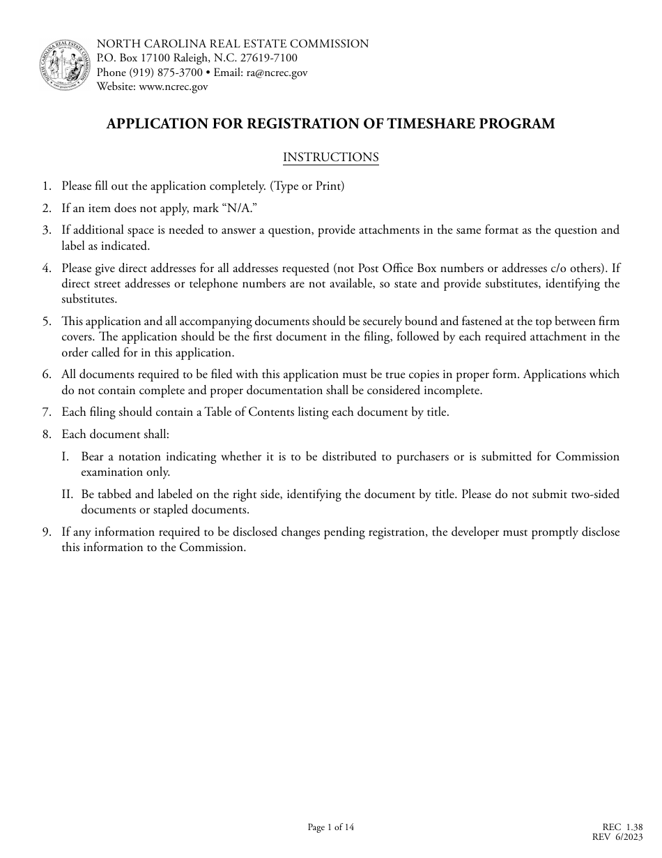 Form REC1.38 Application for Registration of Timeshare Program - North Carolina, Page 1