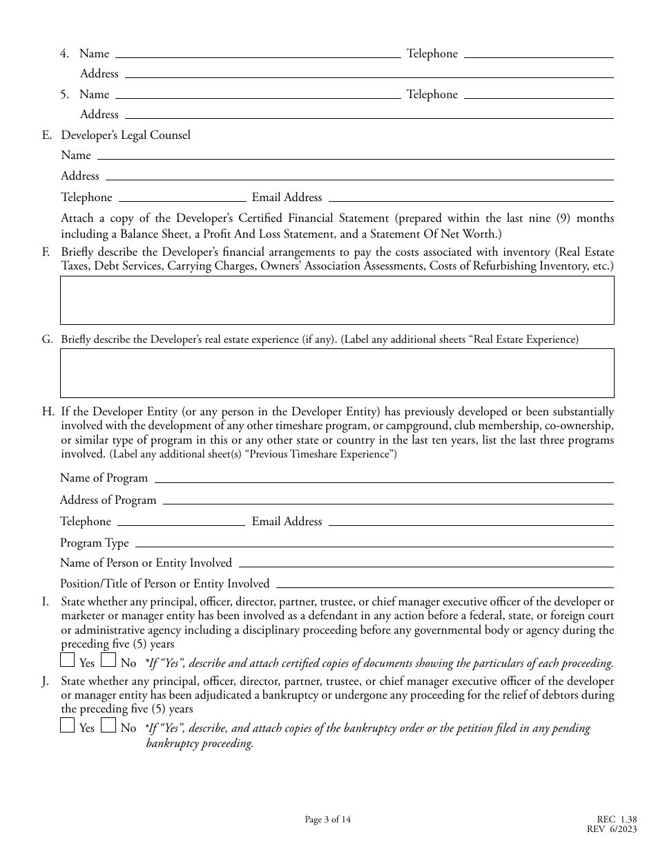 Form REC1.38 Application for Registration of Timeshare Program - North Carolina, Page 3