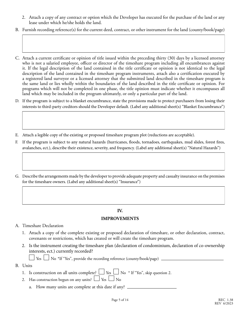 Form REC1.38 Application for Registration of Timeshare Program - North Carolina, Page 5