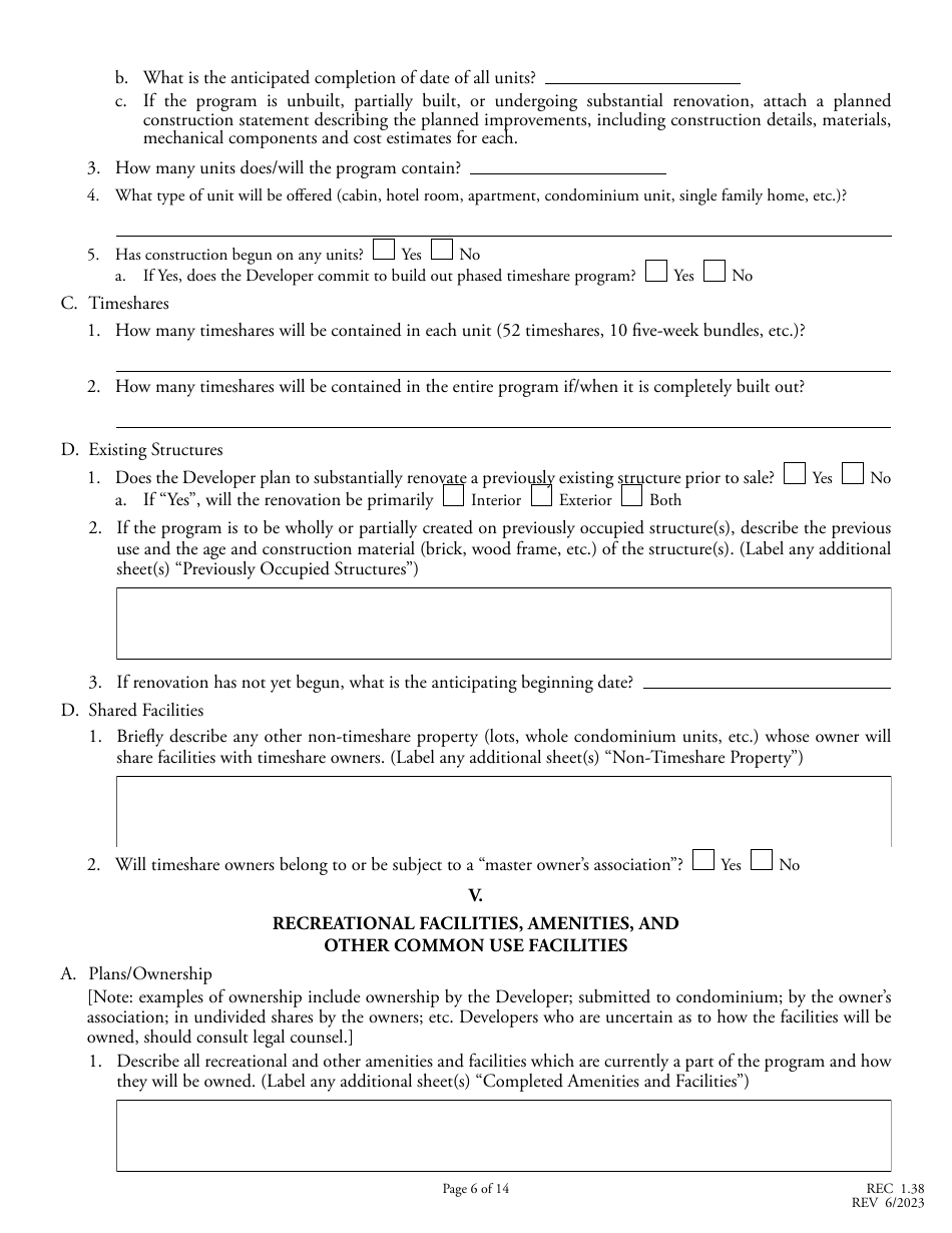 Form REC1.38 Application for Registration of Timeshare Program - North Carolina, Page 6