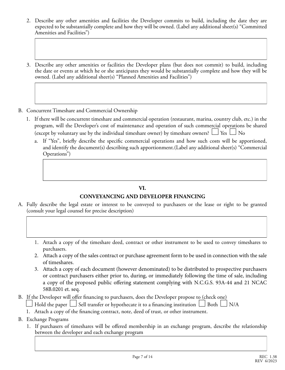 Form REC1.38 Application for Registration of Timeshare Program - North Carolina, Page 7