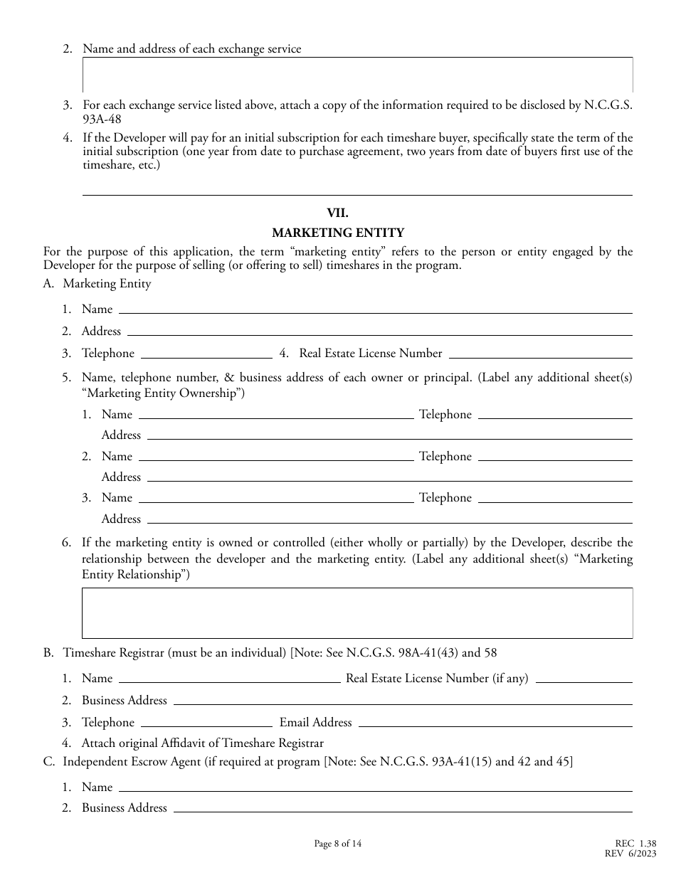 Form REC1.38 Application for Registration of Timeshare Program - North Carolina, Page 8
