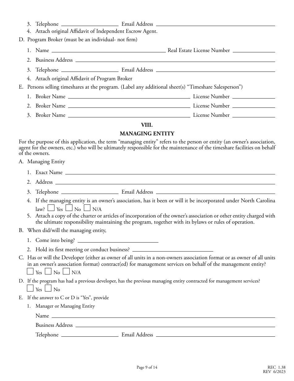 Form REC1.38 Application for Registration of Timeshare Program - North Carolina, Page 9