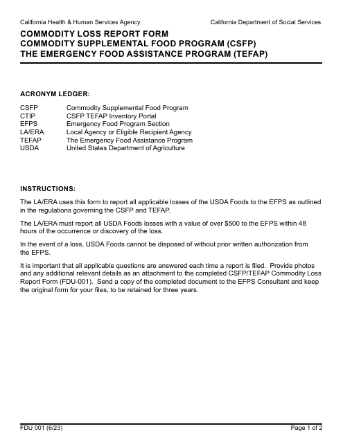 Form FDU001 Commodity Loss Report Form - Commodity Supplemental Food Program (Csfp)/The Emergency Food Assistance Program (Tefap) - California