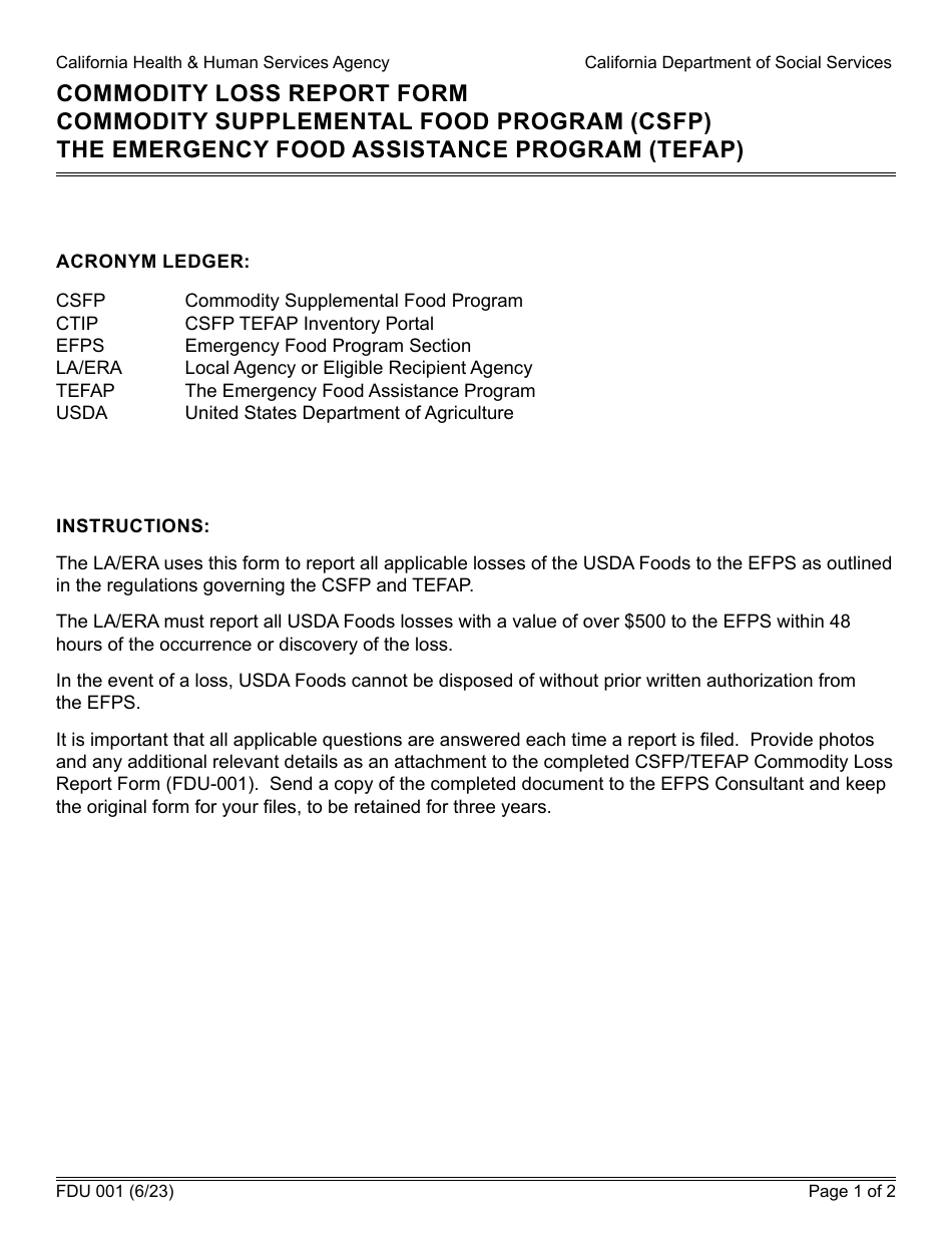Form FDU001 Commodity Loss Report Form - Commodity Supplemental Food Program (Csfp) / The Emergency Food Assistance Program (Tefap) - California, Page 1