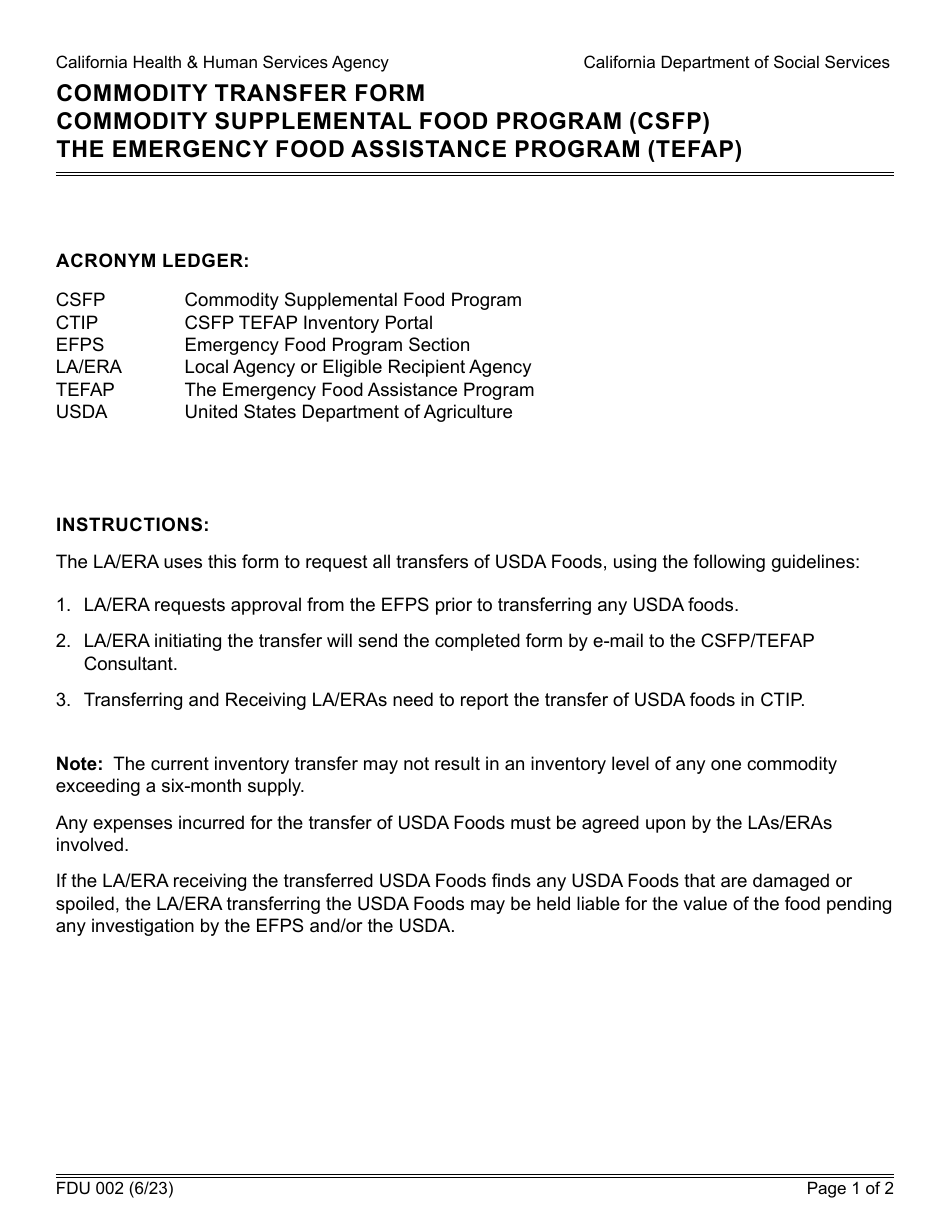 Form FDU002 Commodity Transfer Form - Commodity Supplemental Food Program (Csfp) / The Emergency Food Assistance Program (Tefap) - California, Page 1