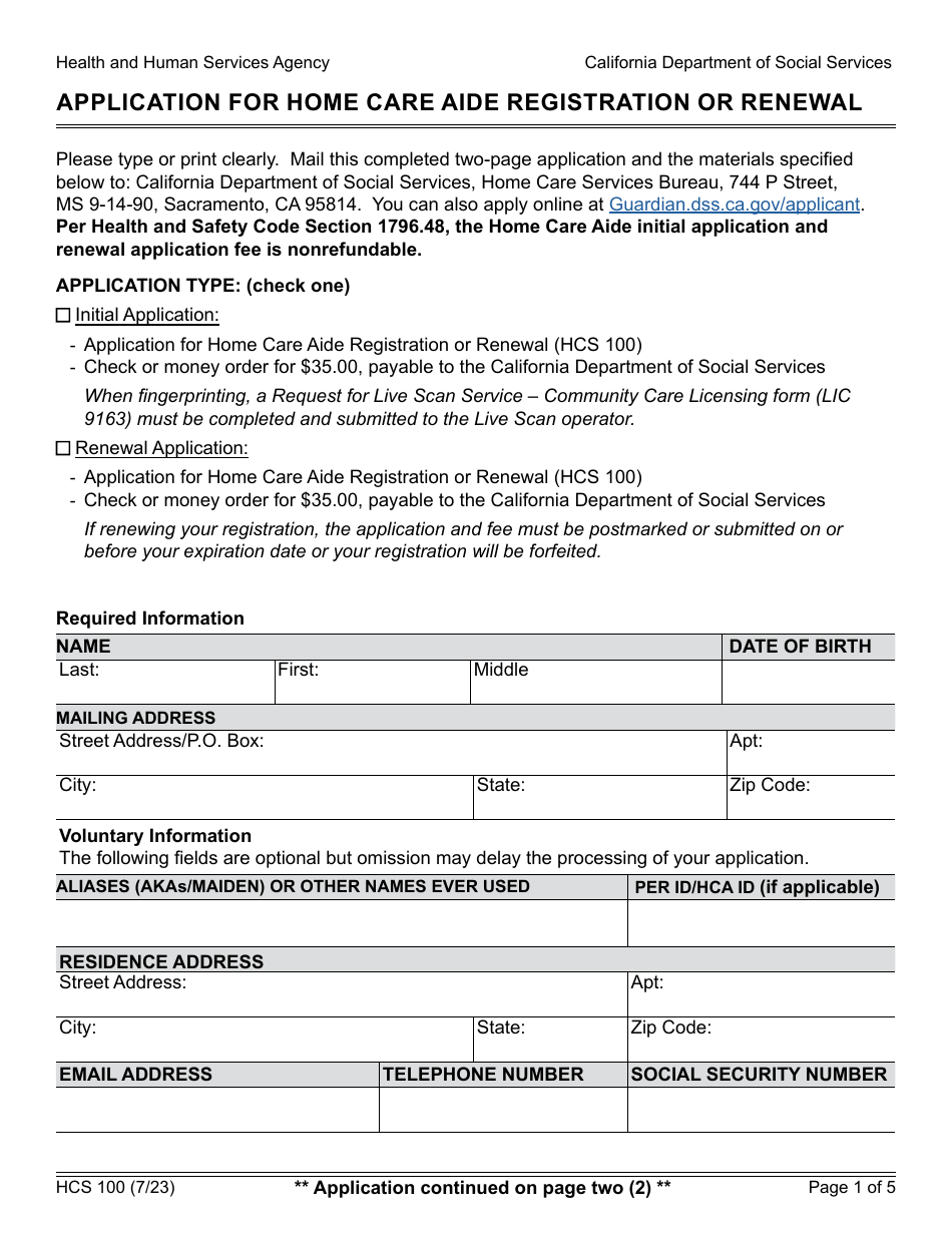 Form HCS100 Application for Home Care Aide Registration or Renewal - California, Page 1