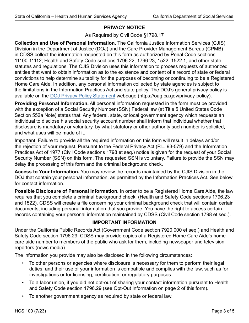Form HCS100 Application for Home Care Aide Registration or Renewal - California, Page 3