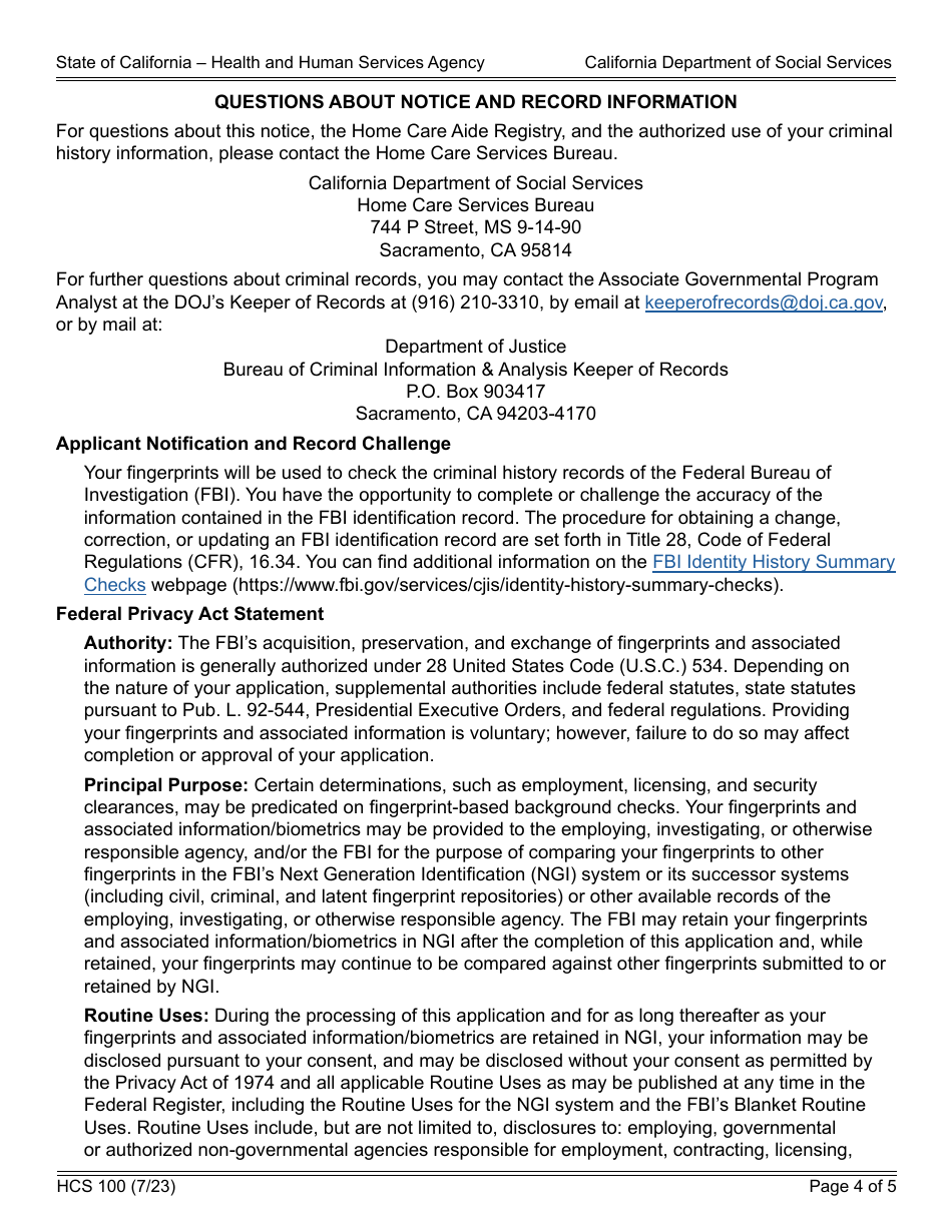 Form HCS100 Application for Home Care Aide Registration or Renewal - California, Page 4