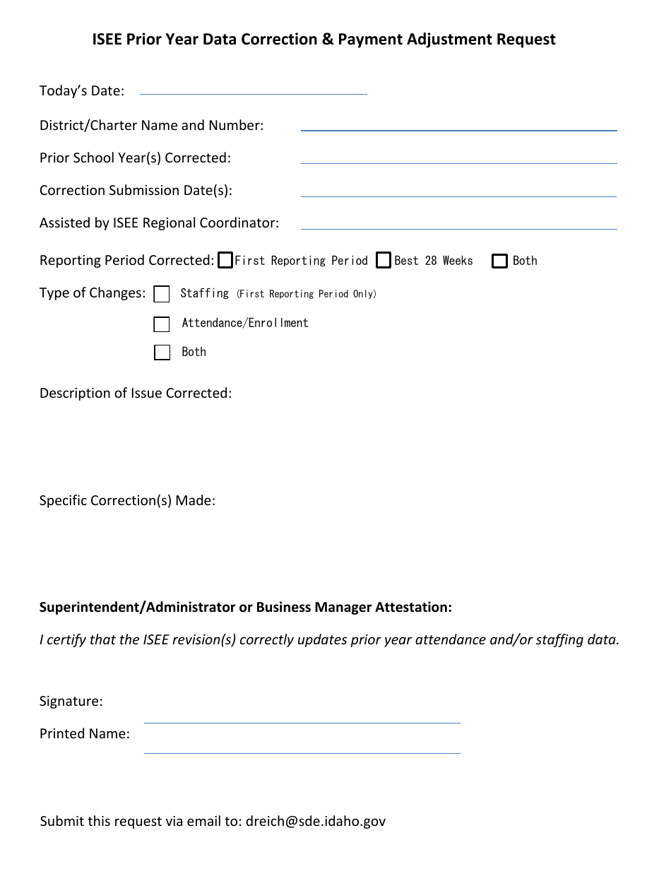 Isee Prior Year Data Correction  Payment Adjustment Request - Idaho, Page 1