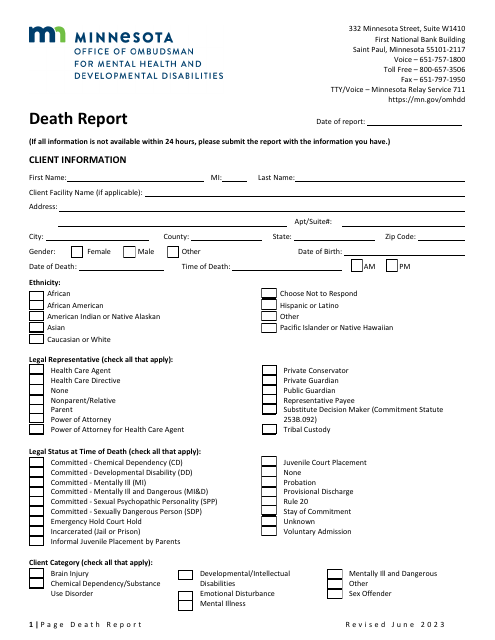 Death Report - Minnesota Download Pdf