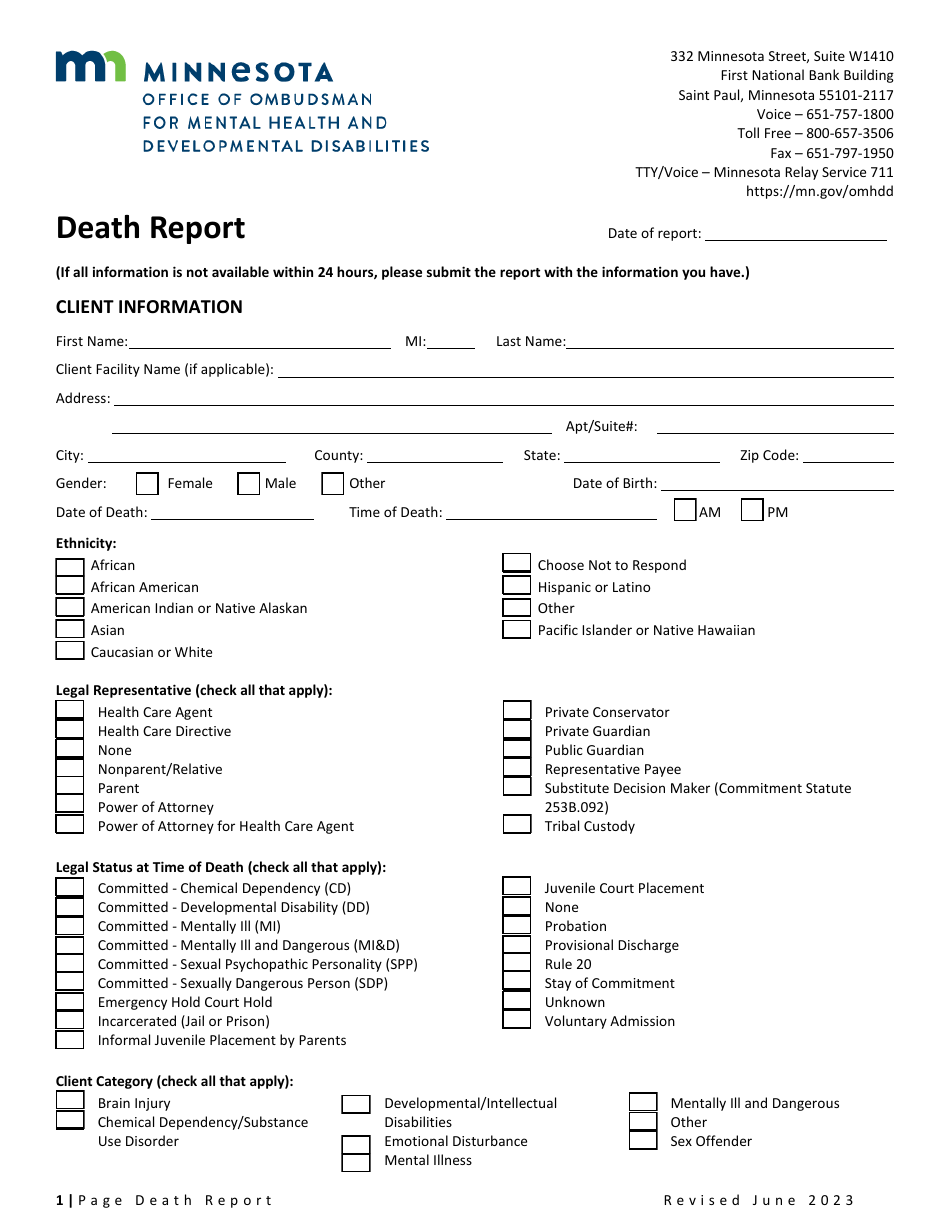 Death Report - Minnesota, Page 1
