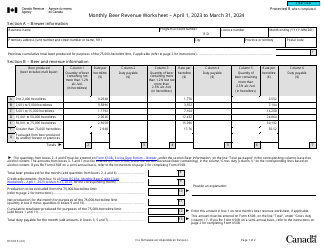 Document preview: Form RC633 Monthly Beer Revenue Worksheet - Canada, 2024