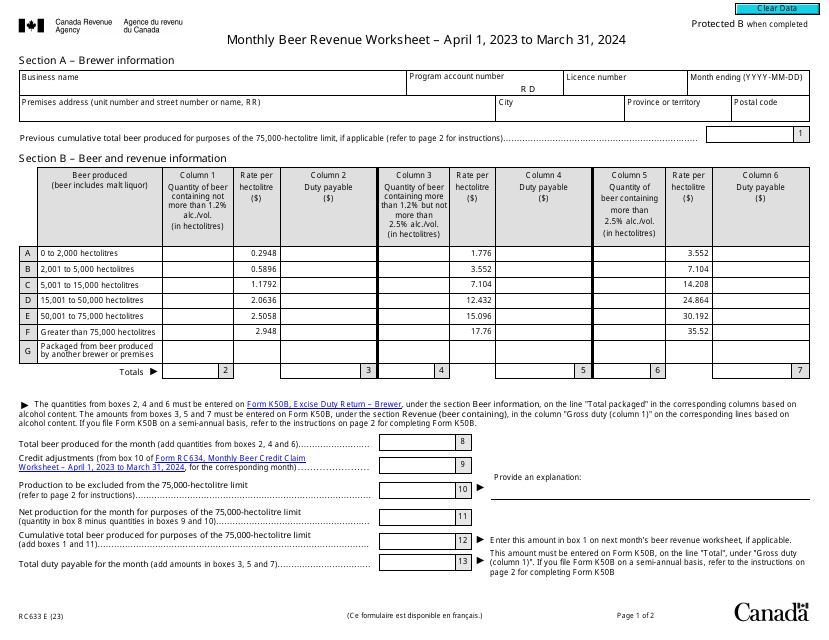 Form RC633 Monthly Beer Revenue Worksheet - Canada, 2024