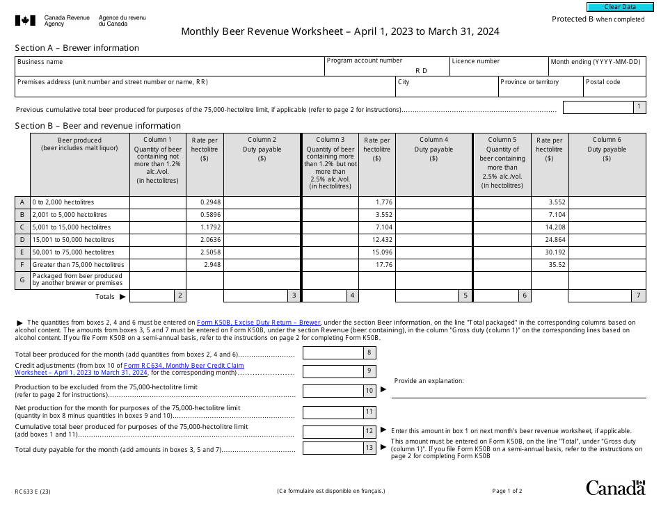 Form RC633 Monthly Beer Revenue Worksheet - Canada, Page 1