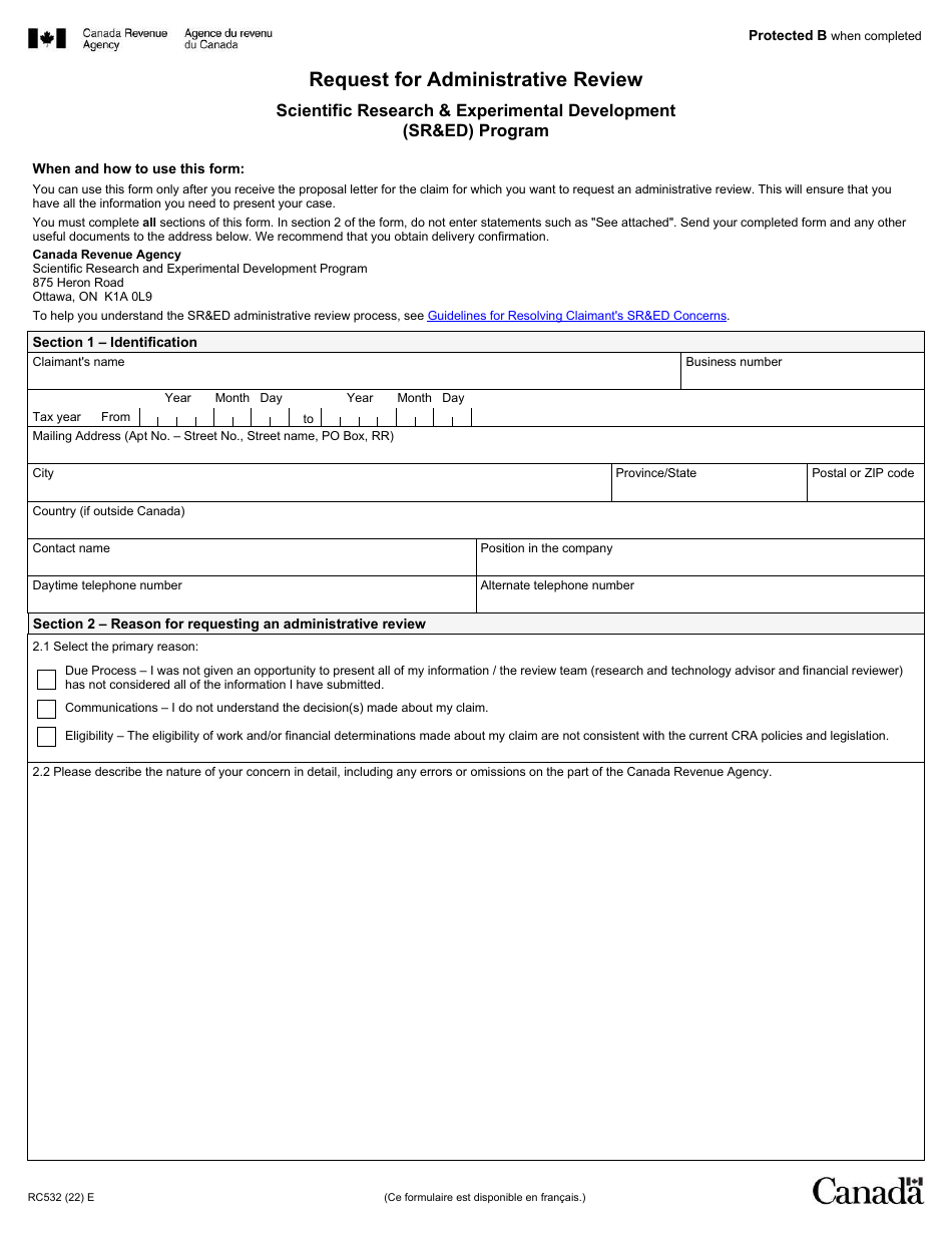 Form RC532 Request for Administrative Review - Scientific Research  Experimental Development (Sred) Program - Canada, Page 1